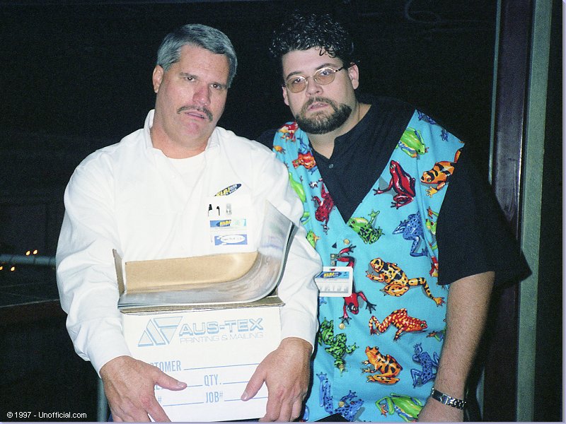 Officer Tim 'Copsmoochio' Smith and Jeff 'Yetti' Gish at The Iron Cactus Restaurant in downtown, Austin, Texas